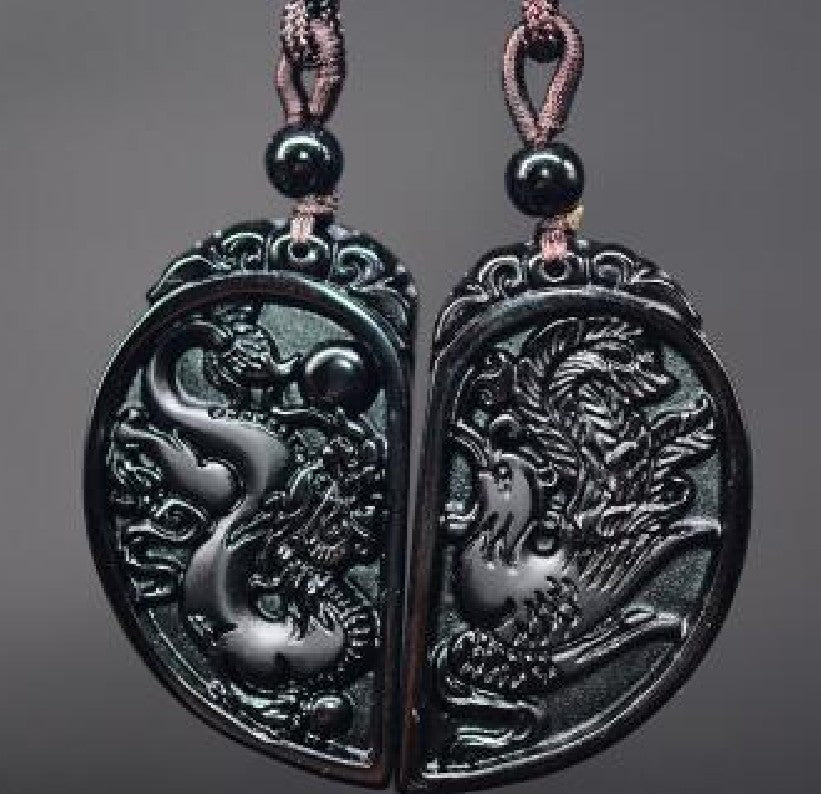 New Obsidian Pendant Heart-Shaped Dragon And Phoenix Necklace Couples