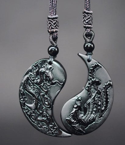 New Obsidian Pendant Heart-Shaped Dragon And Phoenix Necklace Couples