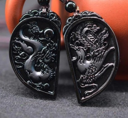New Obsidian Pendant Heart-Shaped Dragon And Phoenix Necklace Couples