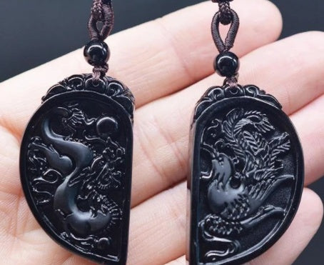 New Obsidian Pendant Heart-Shaped Dragon And Phoenix Necklace Couples