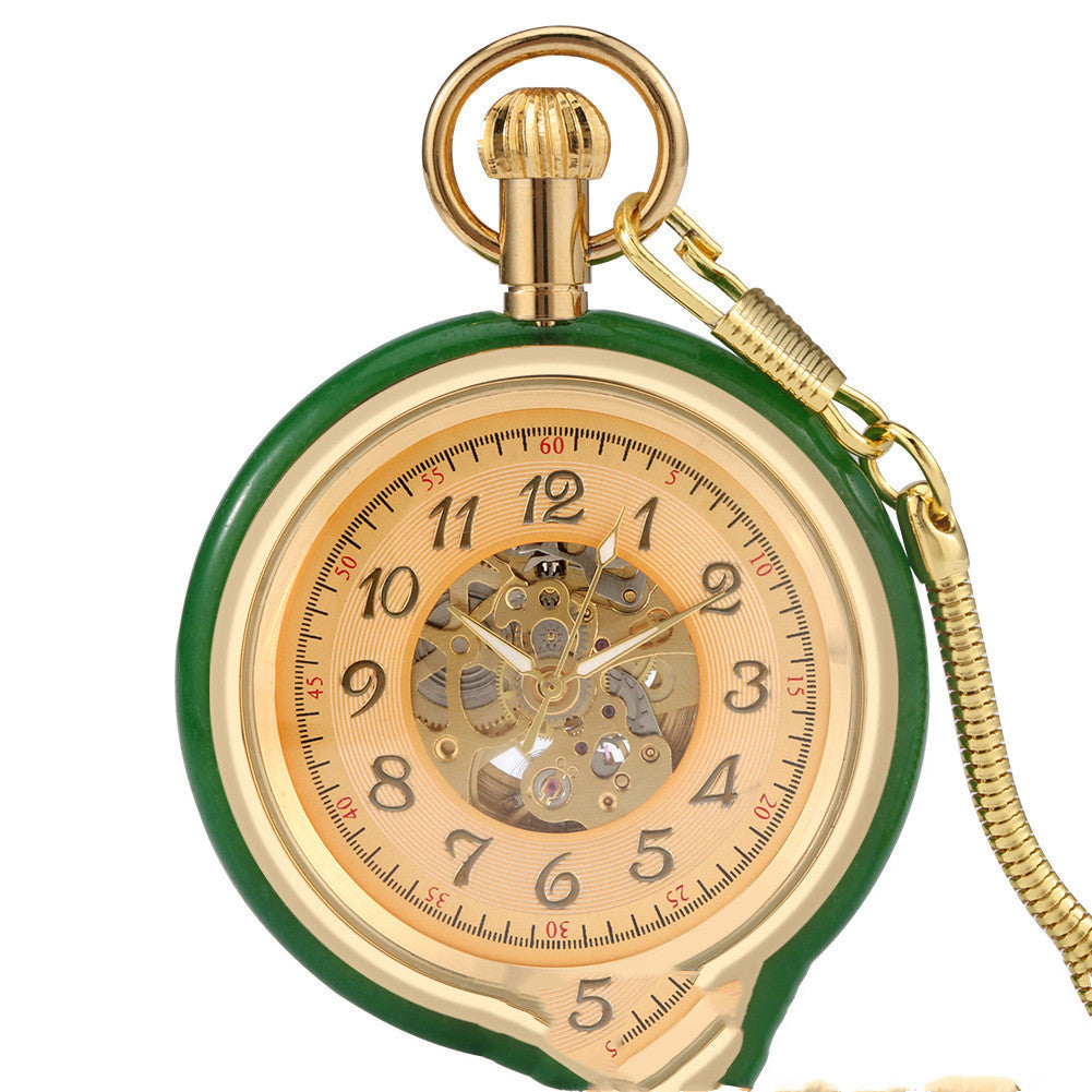 Vintage Gold Inlaid Green Jade Circle Digital Automatic Mechanical Pocket Watch