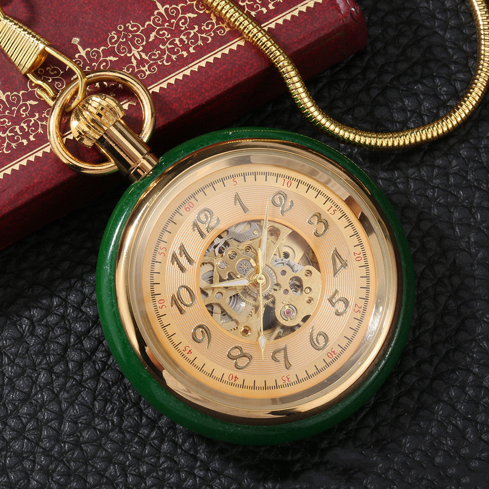 Vintage Gold Inlaid Green Jade Circle Digital Automatic Mechanical Pocket Watch