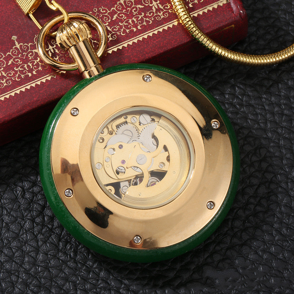 Vintage Gold Inlaid Green Jade Circle Digital Automatic Mechanical Pocket Watch