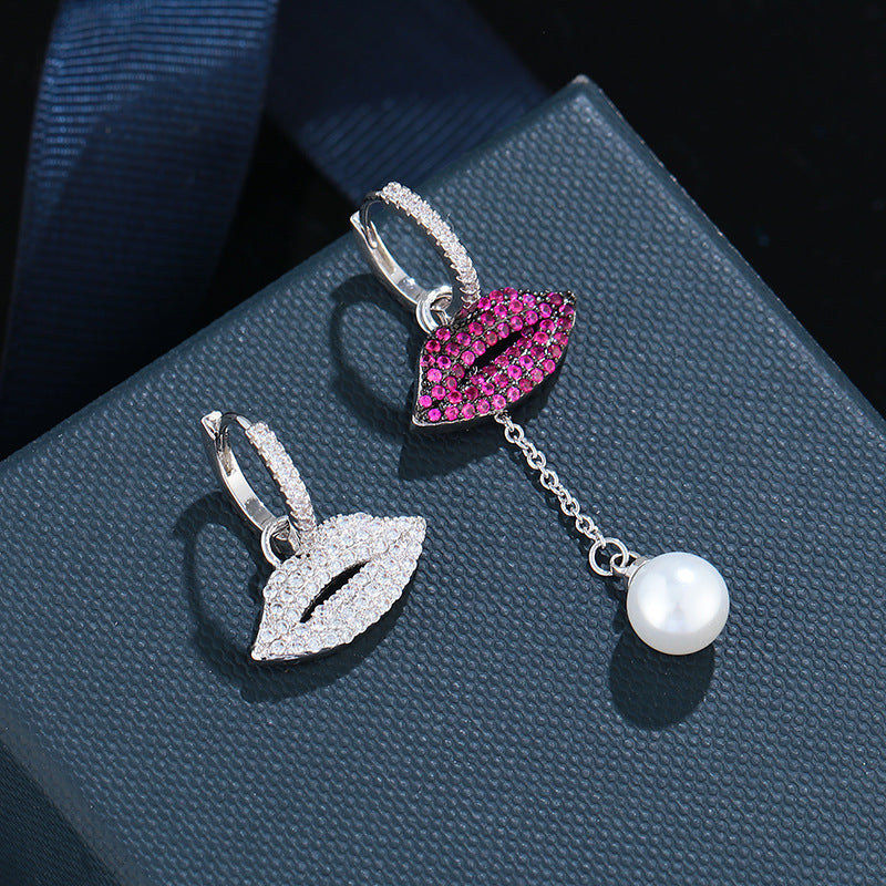 Asymmetric Personality Zircon Micro-set Lip Earrings