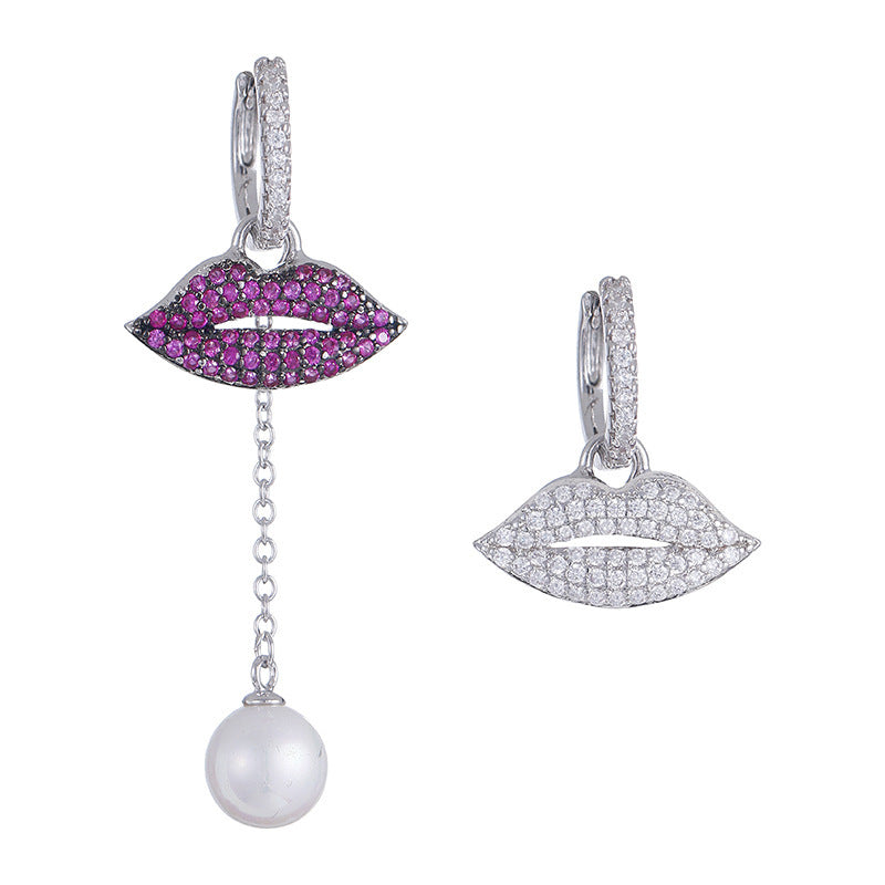 Asymmetric Personality Zircon Micro-set Lip Earrings