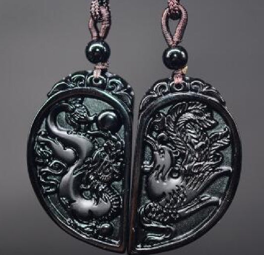 New Obsidian Pendant Heart-Shaped Dragon And Phoenix Necklace Couples