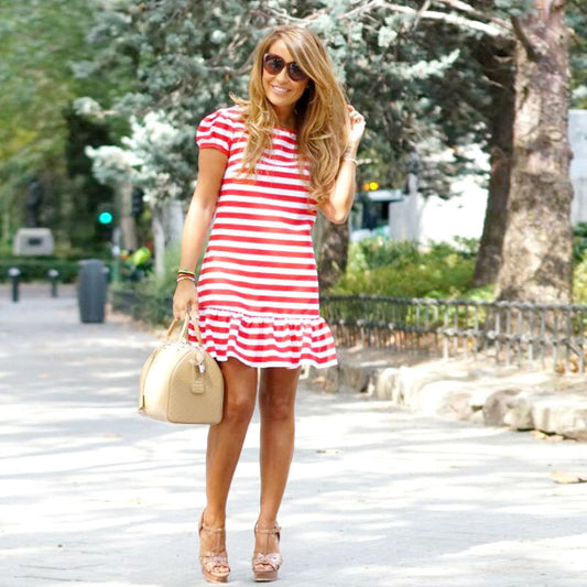 Short-sleeved Red And White Striped Lotus Hem Dress Parent-child Outfit