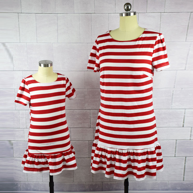 Short-sleeved Red And White Striped Lotus Hem Dress Parent-child Outfit