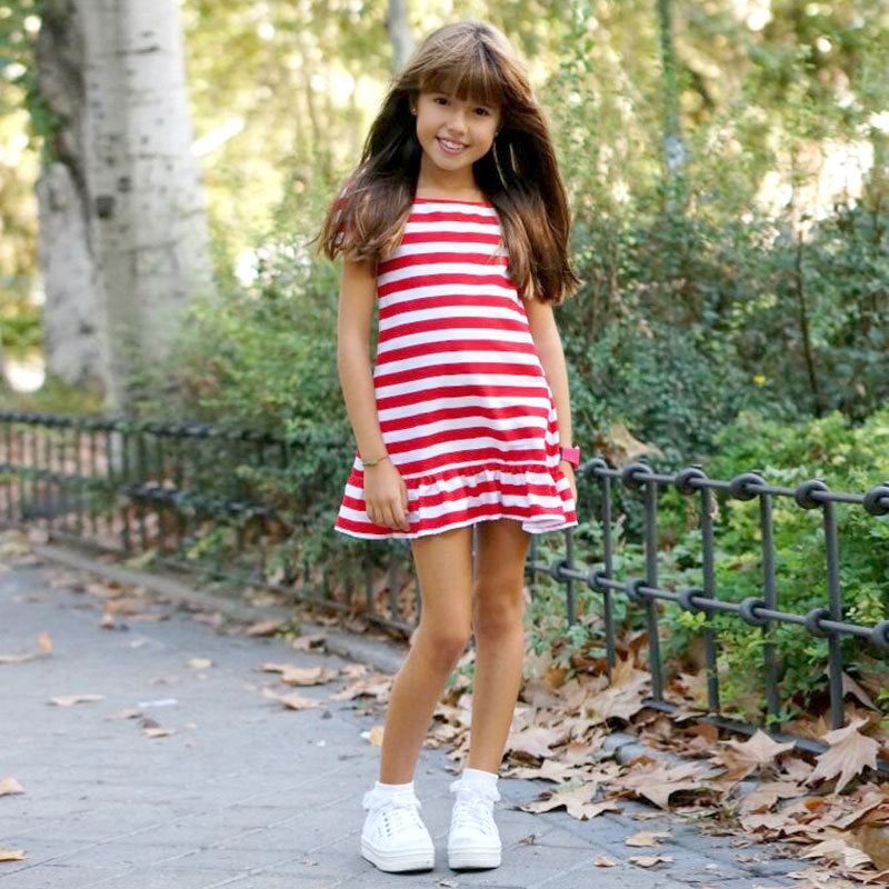 Short-sleeved Red And White Striped Lotus Hem Dress Parent-child Outfit