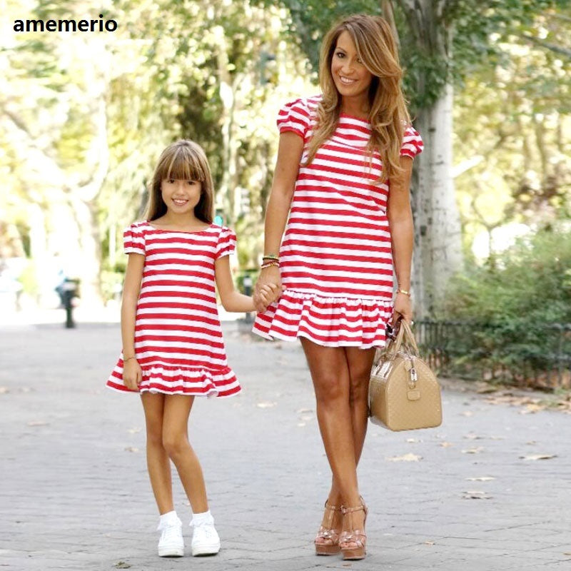 Short-sleeved Red And White Striped Lotus Hem Dress Parent-child Outfit