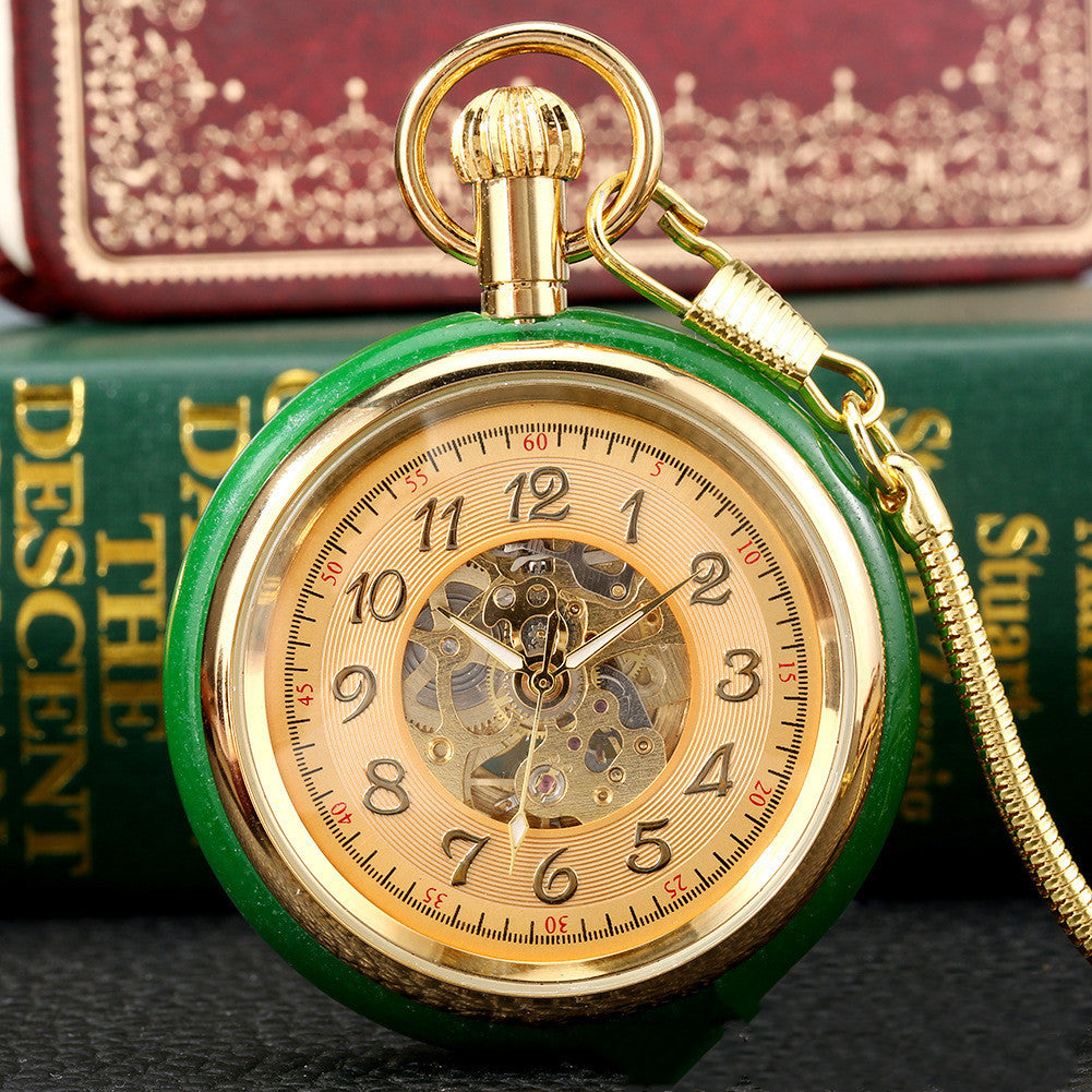 Vintage Gold Inlaid Green Jade Circle Digital Automatic Mechanical Pocket Watch