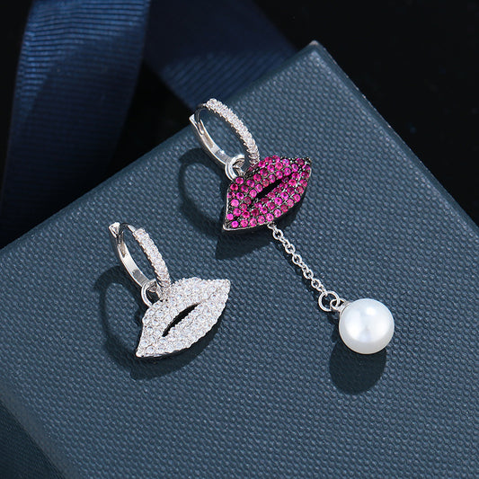 Asymmetric Personality Zircon Micro-set Lip Earrings