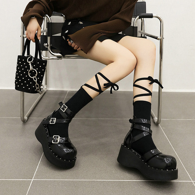 Mary Jane Bandage Shoes Lolita Women's Shoes Punk Song-promotion Costume Japanese Jk Preppy Style Height Increasing Skinny Platform Leather Shoes